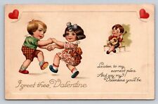 Embossed Freixas Winsch Antique Valentine PC Children Dancing Boy Plays Mandolin picture