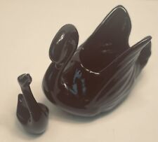 2 VTG Glass Swans Black Art Deco Planter Figurines 5.5” & 7.5” Glossy Home Decor picture