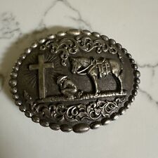 Vintage Nocona Belt Buckle Cowboy Praying At Cross W/ Horse Religious Western picture