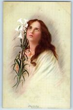 Signed Artist Postcard Pretty Woman Curly Long Hair Lily Flowers Pucity c1910's picture