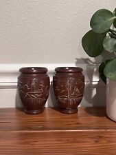 c1960s Pair Of (2) Havana Cuba Wooden Vases Palm Trees Water Lighthouse 4.5” picture