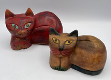 Pair Of Vintage Hand Carved Painted Rustic Wood Folk Art Cat Figurines picture