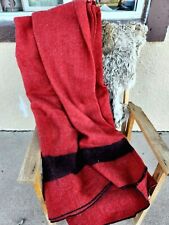 Vintage Unbranded Hudson Bay Style Red Wool Blanket w/ Black Stripes | 89