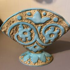 1960s Sgraffito Italy Signed Turquoise Art Pottery Fan Vase PV Pleasant Valley picture