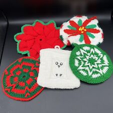 Vtg 5 Hand Knit Crocheted Christmas Holiday Pot Holders Trivits Poinsettia Owl picture