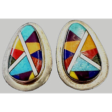 Vintage OC Coriz Earrings Sterling Silver Inlay Turquoise Clip picture