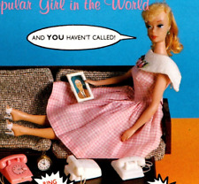 Nostalgic Blonde Barbie Doll Postcard Ken Photo Phones Couch Pink Gingham Dress picture