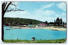1957 Old Forge Bathing Beach Crowd Boats Old Forge New York NY Antique Postcard picture