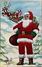Christmas Santa Silk Embroidered Artist Signed Greek Postcard c1910 picture