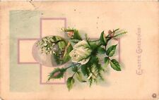 Vintage Postcard- EASTER GREETINGS, WHITE ROSE, CROSS, MEADOW AND TR Early 1900s picture
