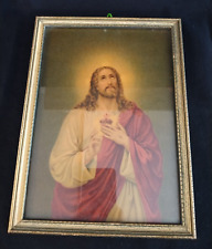 Vintage Framed Picture of The Sacred Heart of Jesus Religious Artwork Christian picture