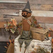 New Primitive Grungy Aged PUMPKIN WITCH HAT DOLL TICKING PANTS Twig Arms  23