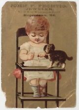 c1880 HAGERSTOWN MD JOHN F FECHTIG JEWELER GIRL WITH PUPPY DOG TRADE CARD P4398 picture