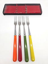 Set of 5 Vintage Stainless Steel Retro 3 Tine Fondue Forks Plastic Handles Japan picture