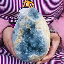7.32LB natural blue celestite geode quartz crystal mineral specimen healing picture