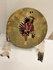 Vintage Native American Dancer, Hand Painted & Signed Hide Drum,  15