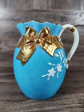 Antique 1880s Pitcher Century Robin Egg Blue Gold Ribbon Flowers England picture