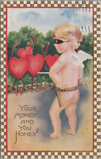 Postcard Valentine Dan Cupid  Pointing Gun w/ Mask Holding Up Hearts 1911 picture