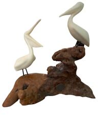 Vintage John Perry Burlwood Pelican Sculpture.Two Pelicans Standing On The Rock picture