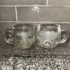 2 Vintage Nestle Co. Etched Glass World Map Coffee Mugs Colonial Cupboard picture