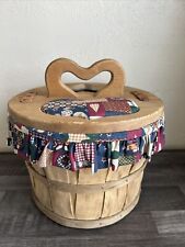 VTG Wooden Sewing Basket, Sides Open, Heart Angel Print Design, Leather Latches picture