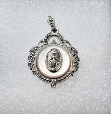 Vintage Sterling Silver Mother of Pearl Marcasite Virgin Mary Pendant Medal picture