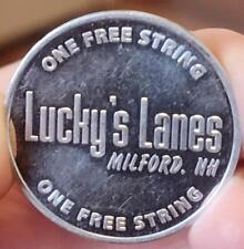 VINTAGE LUCKY'S LANES BOWLING MILFORD NH. GOOD LUCK TOKEN 1 FREE STRING COIN picture