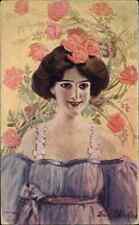 Edward Waskow Beautiful Dark Haired Woman With Roses c1910 Vintage Postcard picture