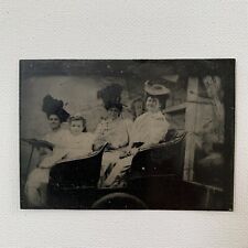 Antique Tintype Photograph Women In Hats & Girl Driving Prop Car Fun Carnival picture