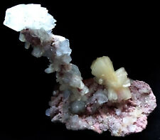POINTED LIGHT GREEN APPHYLLITE CRYSTALS W/ STILBITE BOWS AND BLEDS ON PINK CORAL picture