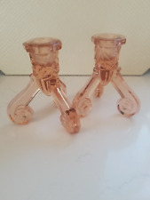 Vintage Art Deco Depression Pair Pink Glass Candleholders Tapers Tripod 4.5