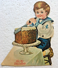 Antique Mechanical Die Cut Valentine Card Cake Cutting Boy In Sailor Suit picture