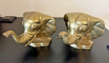 Vintage Pair of Antique Heavy Brass Elephant Head Lucky Trunks Up picture