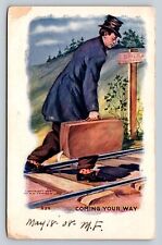 c1908 Man with Case Walks the Railway Coming Your Way ANTIQUE Postcard 1719 picture