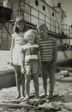 Three Children Standing In Sand By Boat B&W Photograph 3.5 x 5.75 picture