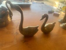 Vintage Pair Brass Swans Figurines Mid Century Set of 2 Feather Detailed Patina picture