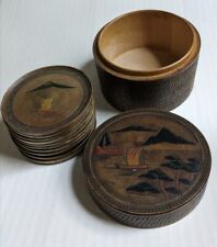 Vintage Handmade Japanese Wooden Coasters Set of 10 w/Box picture