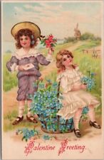 1910s VALENTINE'S DAY Postcard Boy & Girl / Basket of Forget-Me-Nots - UNUSED picture