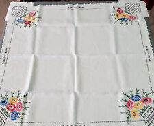 Hand Embroidered Tablecloth Flower Pot Corners Small Size Vintage 32x31 picture