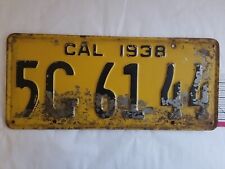 Vintage 1938 California Original Metal License Plate Single 5G6144 picture