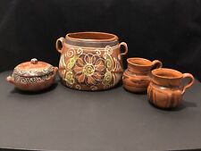 Vintage Tlaquepaque Mexican Pottery Pot, Small Dish Lid, 2 Terra Cotta Clay Mugs picture