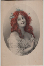ANTIQUE Postcard     (M. M. VIENNE)    YOUNG LADY, RED HAIR, FLOWERS IN HER HAIR picture