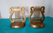 Vintage MCM Brass Harp Lyre Bookends Retro 70's Set of 2 Solid Brass picture