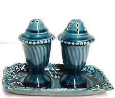 Anthropologie Paola Salt & Pepper Shaker Set with Tray Glazed Dark Turquoise NIB picture