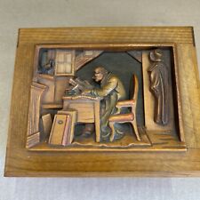 VTG Rouge Anri 3D Relief Wood Carved Men At Desk Office Music Box Jewelry  picture