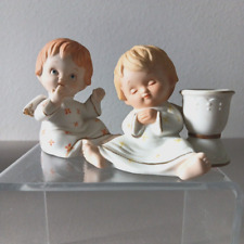 2 VTG Enesco Baby Angels Figurines Blonde Sleepy Candle Holder Red Head Cherub picture