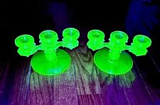 Pair of Green Candle Stick Holders Depression / Uranium Glass / Candleabra picture