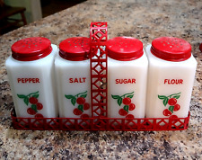 Vintage Tipp Cherries Milk Glass Spice Jar Rack  Cherry Range Set picture