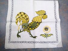 VINTAGE ROOSTER KITCHEN DISH TOWEL linen olive green gold 70s retro used ironed picture