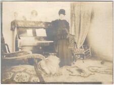 Woman in Victorian Parlor w/ Fur Muff & Fur Rug with Piano Vintage Snapshot picture